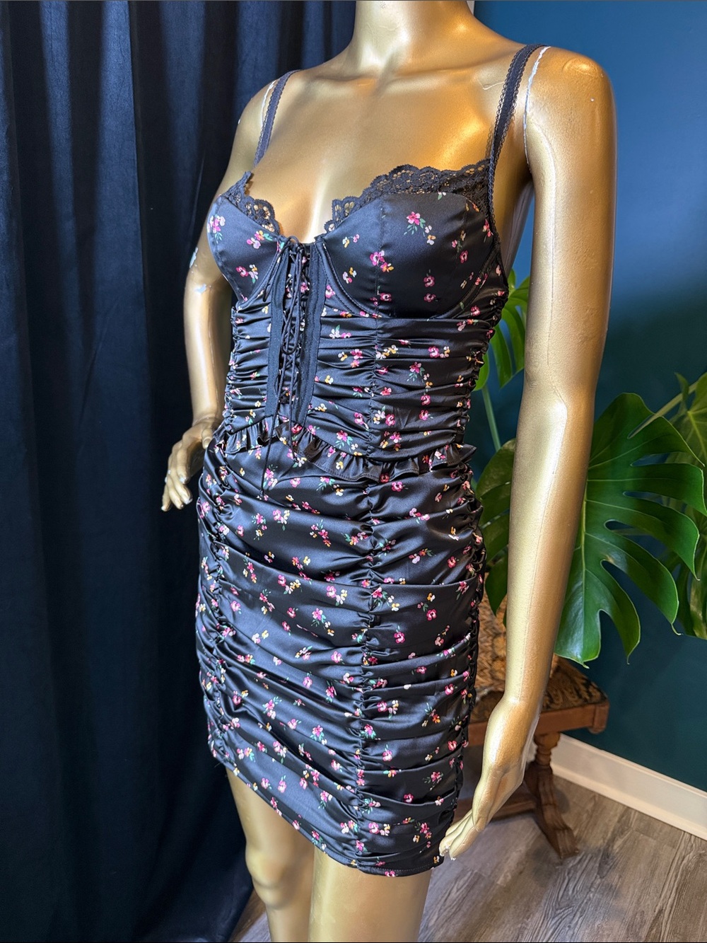 For Love & Lemons Black Satin Mini Dress with Pink and Yellow Floral Motif
